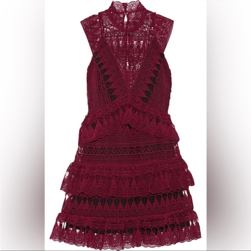 Self Portrait Teardrop Guipure Lace Dress Burgundy - Picture 3 of 10